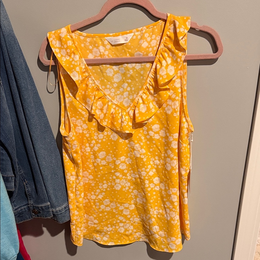 Lauren Conrad Women's Yellow Floral Ruffle V-Neck Tank Top - Picture 2 of 4